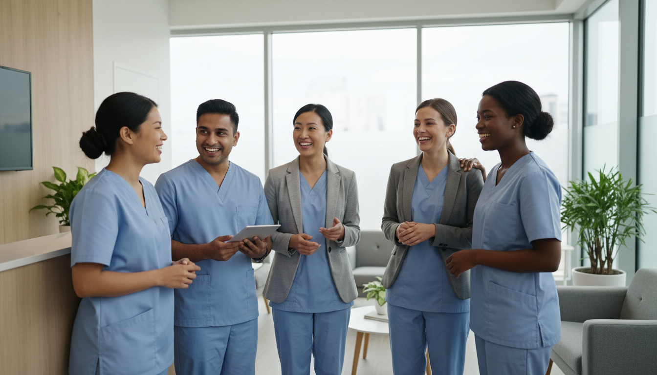 Professional healthcare team in a modern, welcoming setting