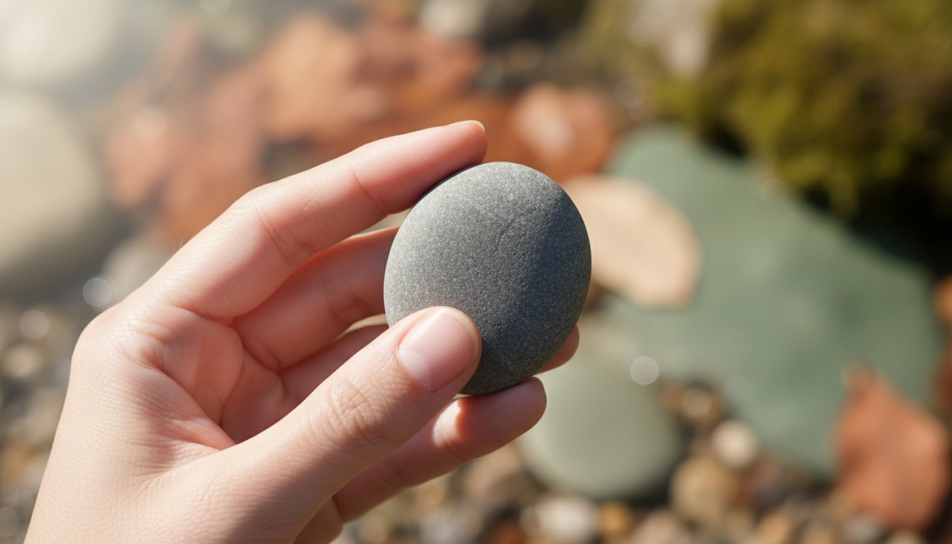 Hand gently holding a smooth river stone against a soft background